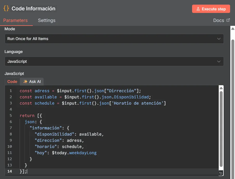 Configuración del nodo Code Información en n8n