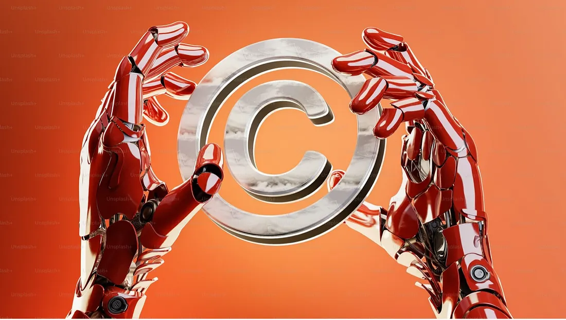 An image showing robotic hands holding a Copyright symbol. 