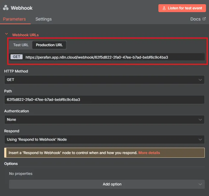 URL de producción del Webhook en n8n