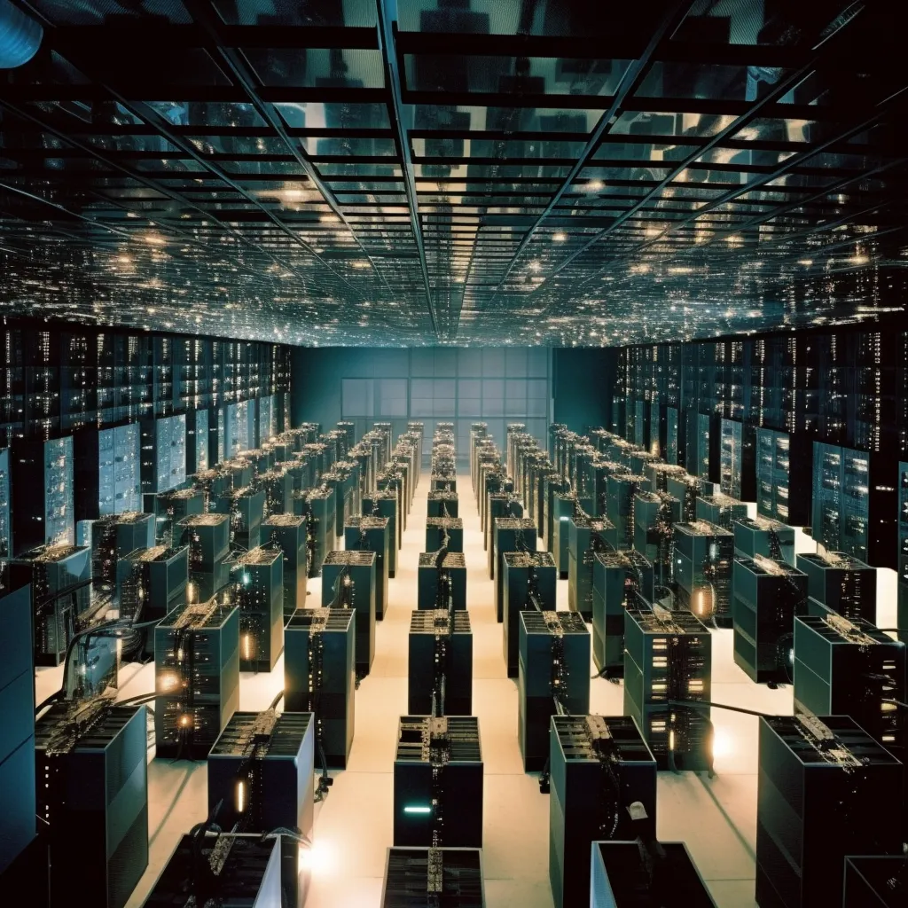 “A wide room full of computing servers connected together”, image by Midjourney