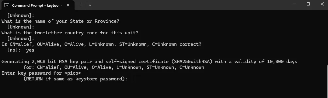 cmd keytool generate keystore confirm
