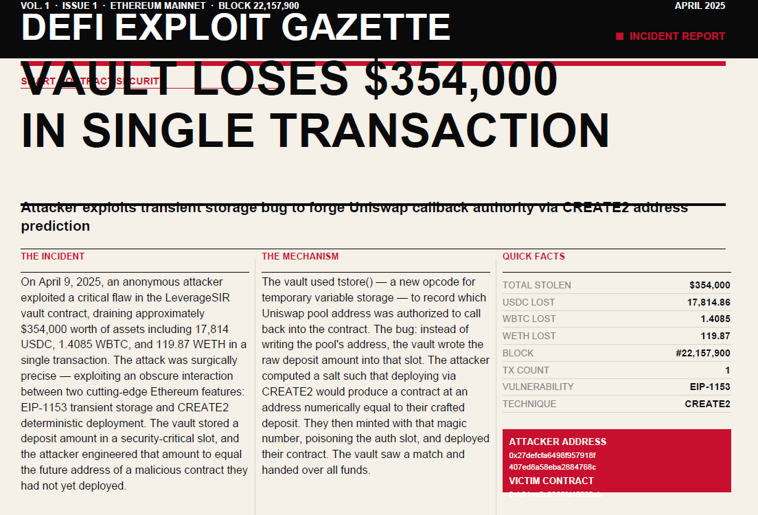 “Broke down the LeverageSIR $354K exploit — how an attacker used CREATE2 + EIP-1153 transient…