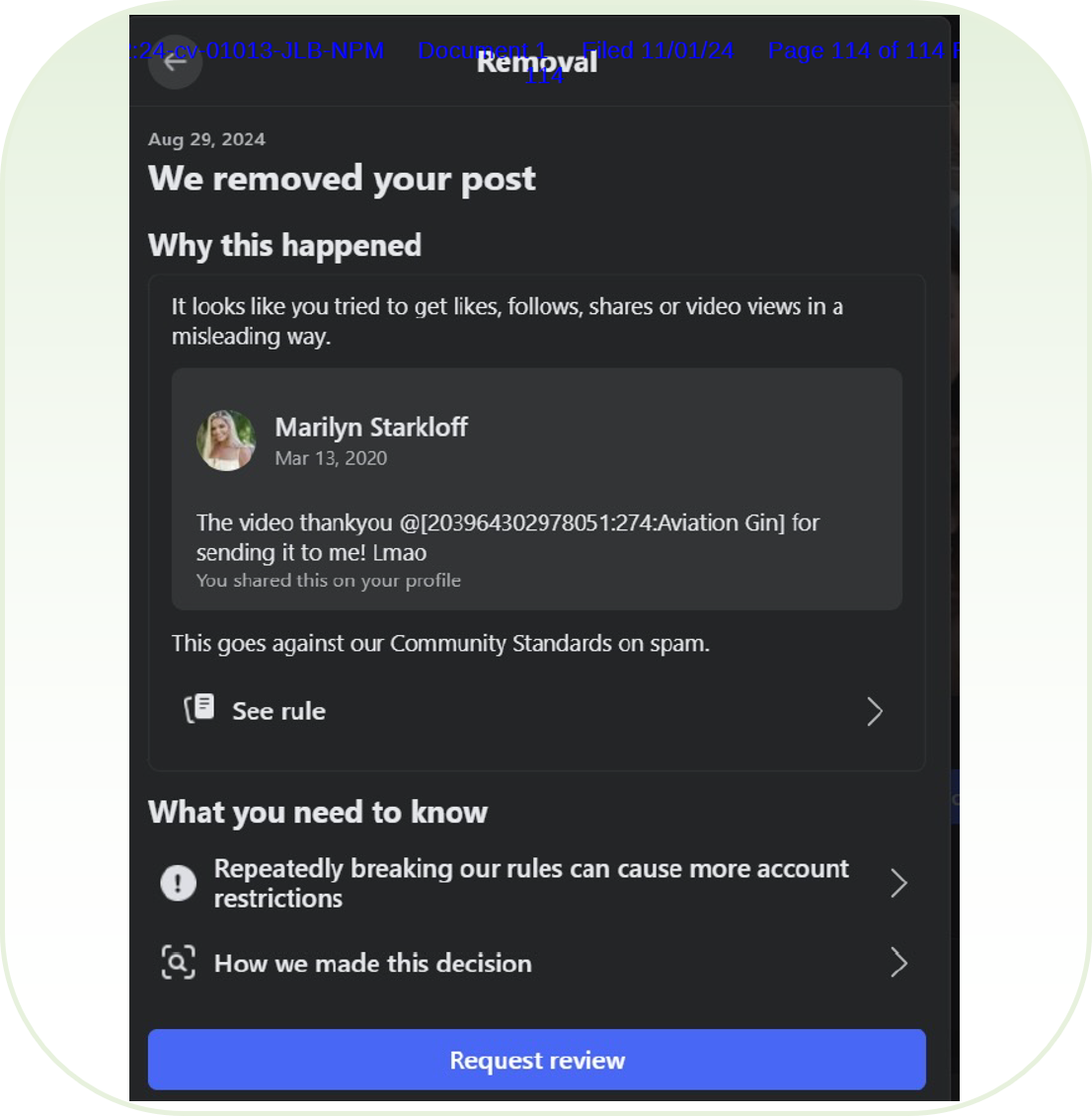 Someone from either Maximum Effort or Aviation Gin reported one of Starkloff’s Facebook quarantini posts to get it removed