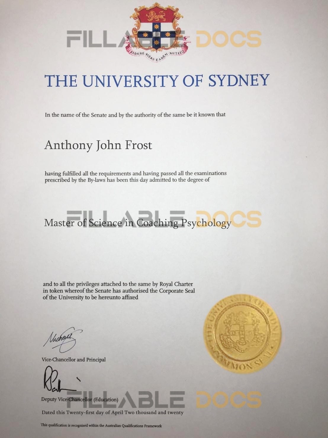 Fake Certificate from USYD University Template Fillabledocs Cc Medium
