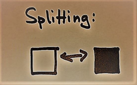 Handdrawn image showing a white and a black cube to exemplify the process of splitting. 