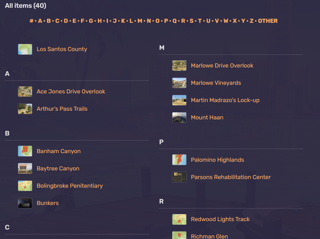 Browsing GTA Wiki’s “Locations in Los Santos County” to narrow the search area based on terrain characteristics