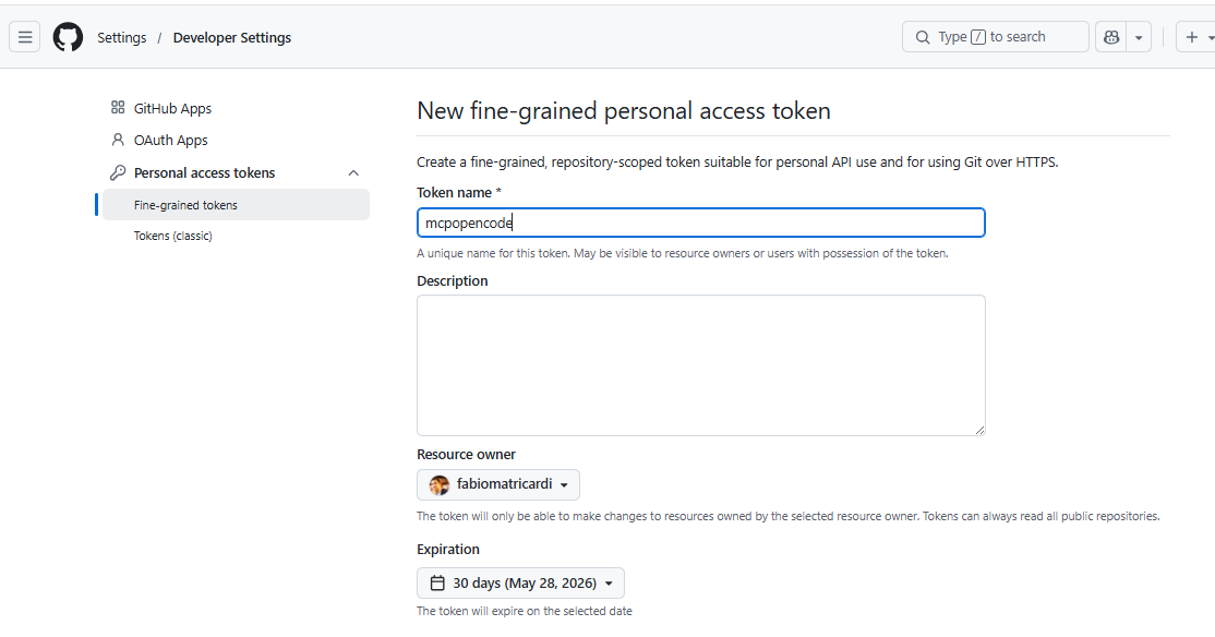 personal access token for GitHub at https://github.com/settings/personal-access-tokens/new