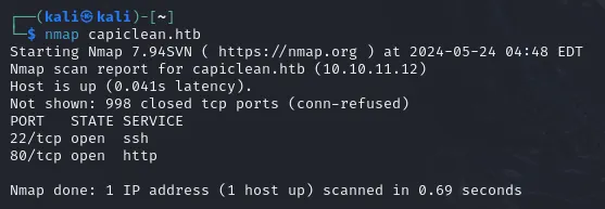 SSH and HTTP server running on capiclean.htb