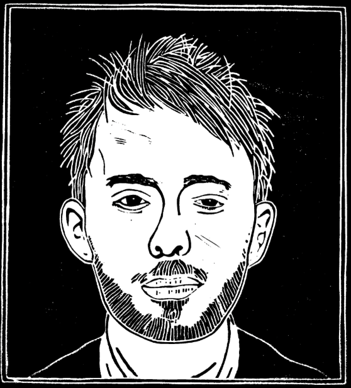 Woodcut of Thom Yorke of Radiohead. (Artwork by author.)