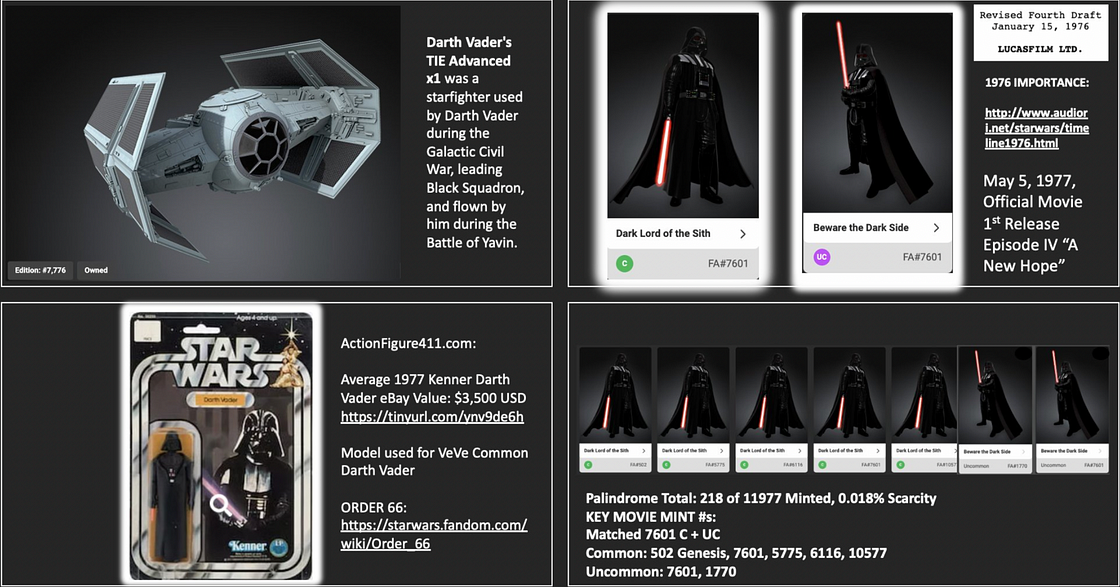 Various VeVe Darth Vader Digital Collectibles & Associated Film History Edition Numbers