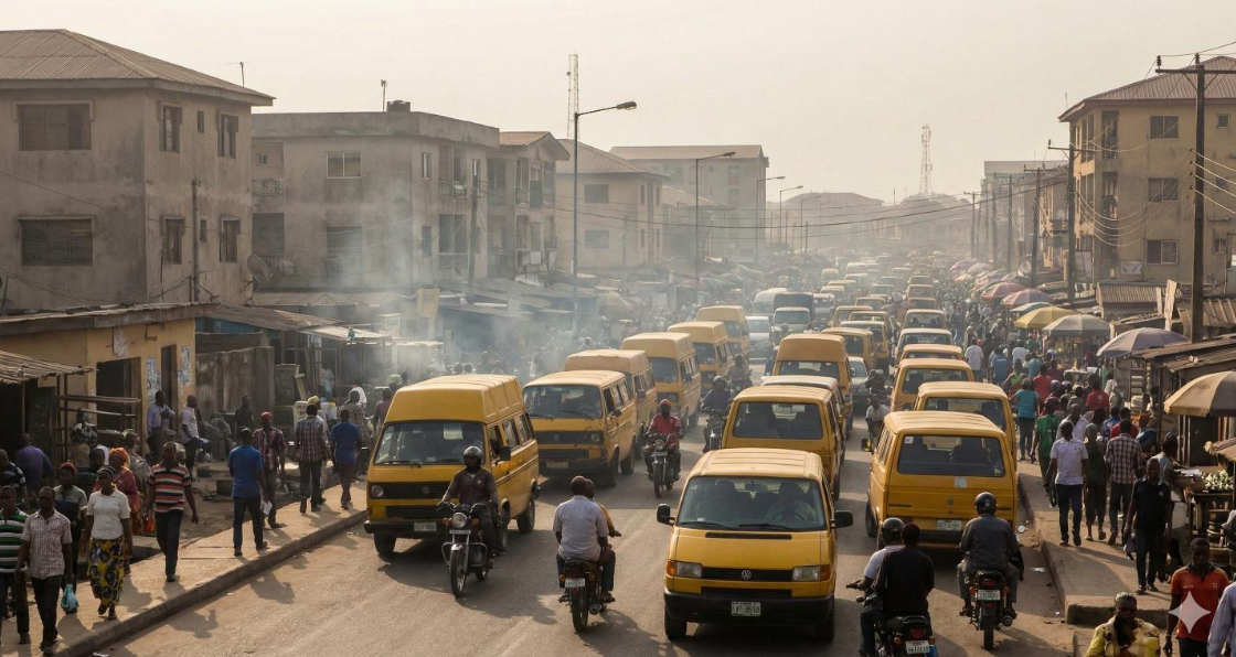 “Typical morning in Lagos or Kano: gridlocked roads, yellow minibuses, okadas weaving through traffic, and the haze of exhaust over the city.” Gemini 3 NanoBanana Pro, Google.
