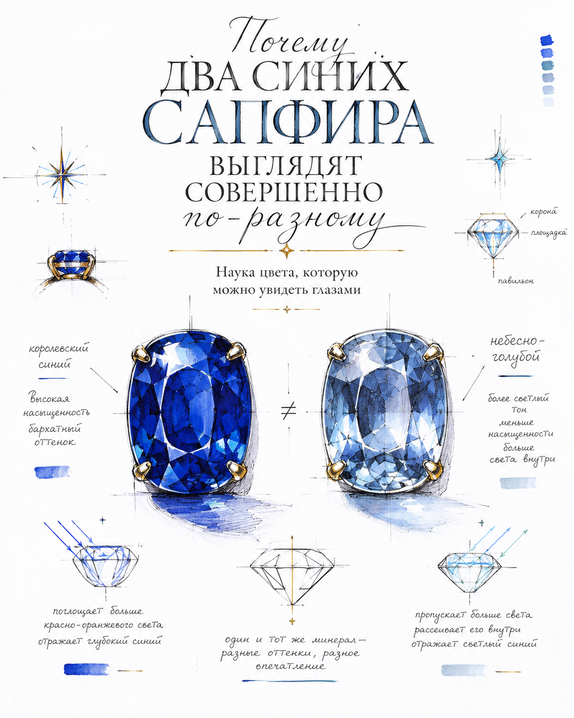Почему два синих сапфира выглядят совершенно по-разному