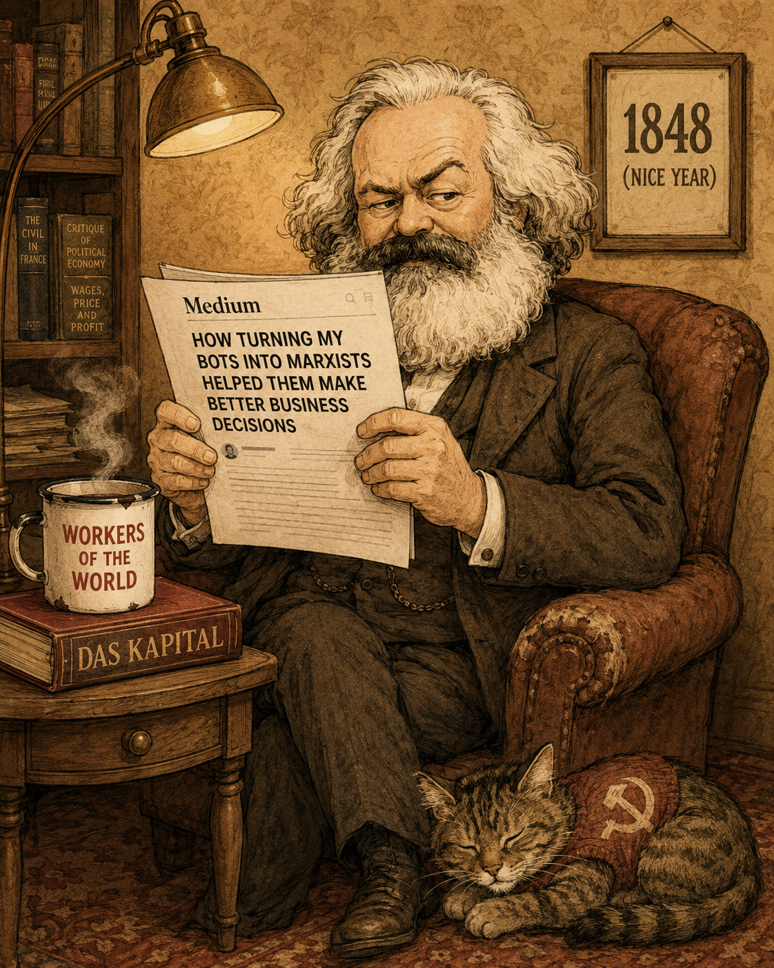 Karl Marx, allegedly, halfway through a Medium essay that has used his name as clickbait, deciding whether this counts as alienated labor.