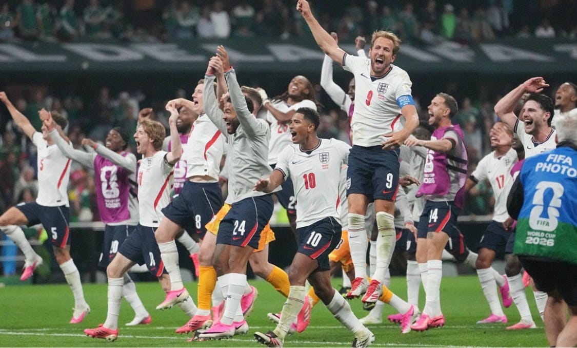 England celebrate a hard-earned win over Mexico after a disciplined defensive shift and a successful low block.