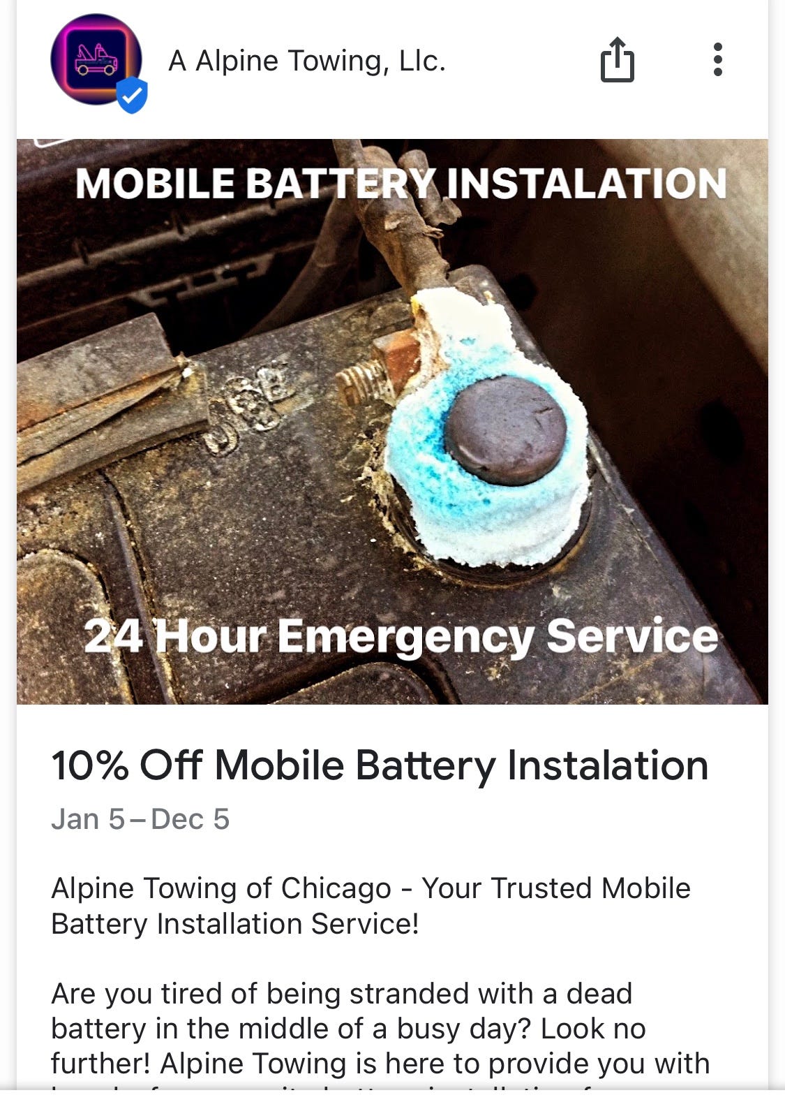 24 Hour Mobile Battery Installation Chicago 2024 by A Alpine Towing, Llc. Medium
