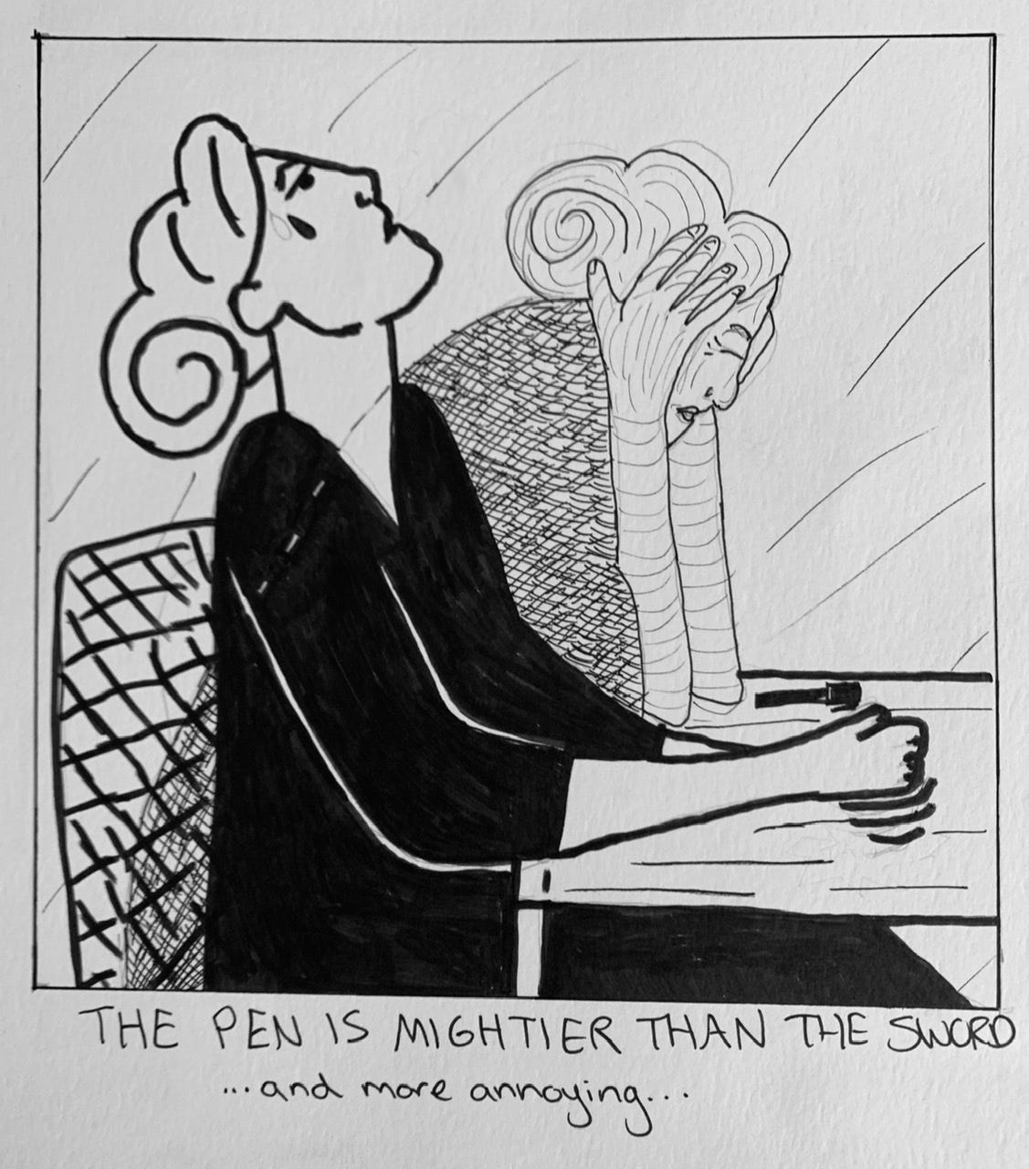 Frustration with Pens. One-panel comic sketch, by KMorrowAuthorIllustrator