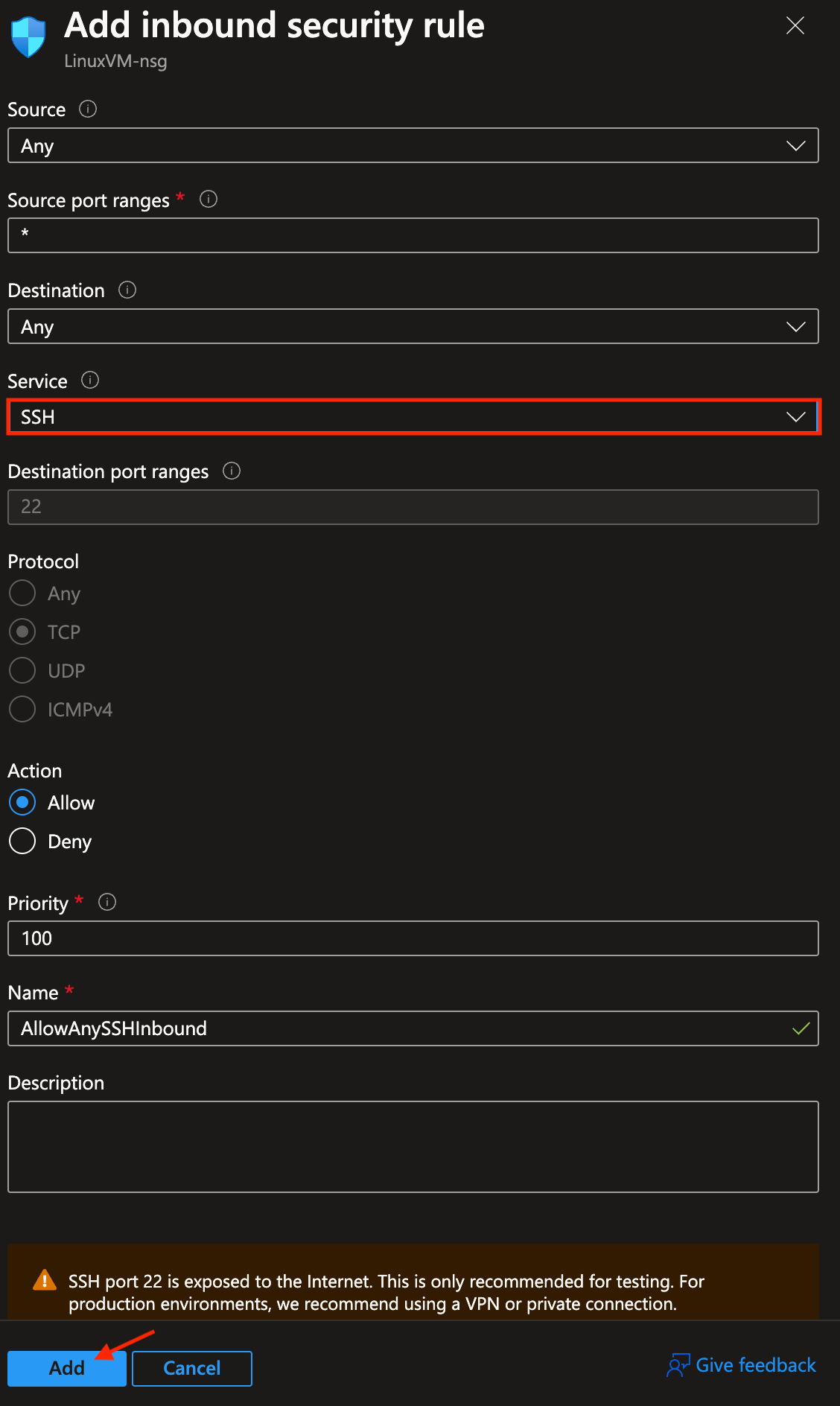 Add SSH as an Inbound security rule
