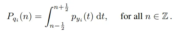 The discrete pmf after rounding has probability at each integer value equaling the integration of continous distribution