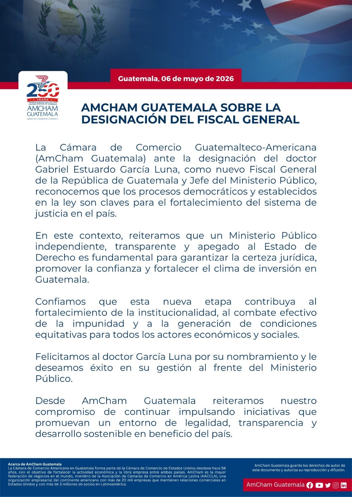 ComAmCham Guatemala sobre la designación del Fiscal General: justicia, certeza jurídica y clima de…