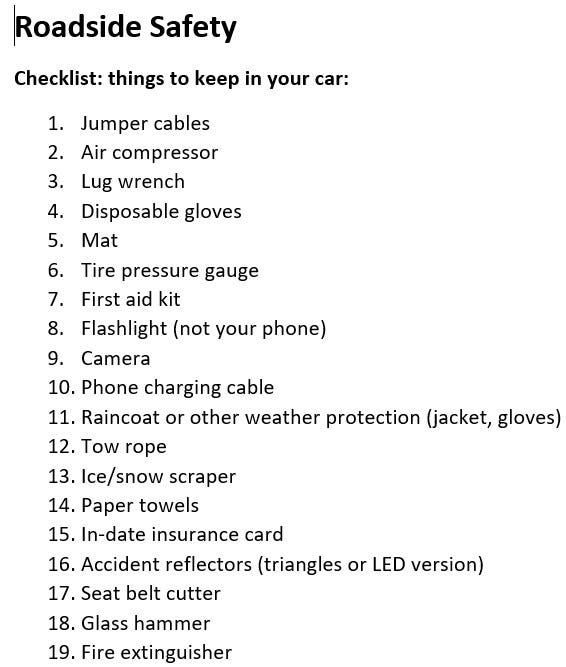 Roadside safety screenshot #1 — list of equipment to keep in car.