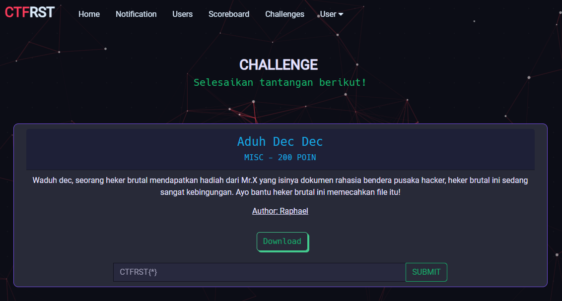 Aduh Dec Dec | WriteUp CTFRST Rajawali CTF | By WanZKey