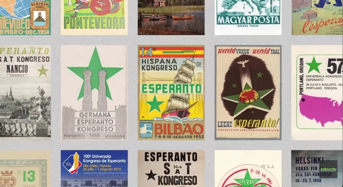 Collage of historical posters and stamps from Esperanto congresses worldwide, showing colorful designs from different countries and decades from Bilbao 1953 bis Lille 2015. Each piece features the green star symbol of Esperanto, reflecting its long international tradition. Source: Wikipedia.