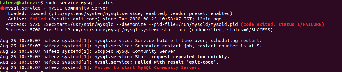 Recovering from “Failed to start SQL Community Server on Ubuntu 18.04” —  Job for mysql.service failed because the control process exited with error  code. | by Hafeez Khan | Medium