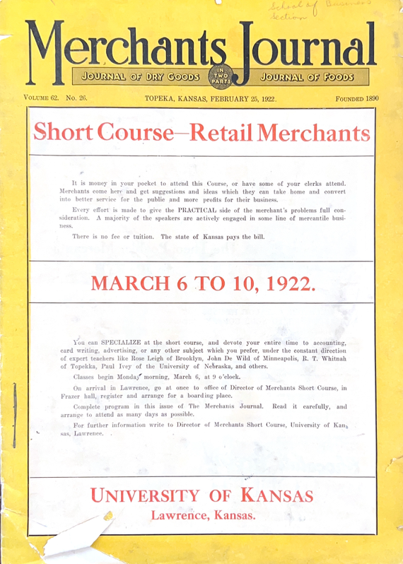 A yellow and white magazine cover entited "Merchants Journal" with red headlines detailing a merchants short course from March 6-20, 1922.