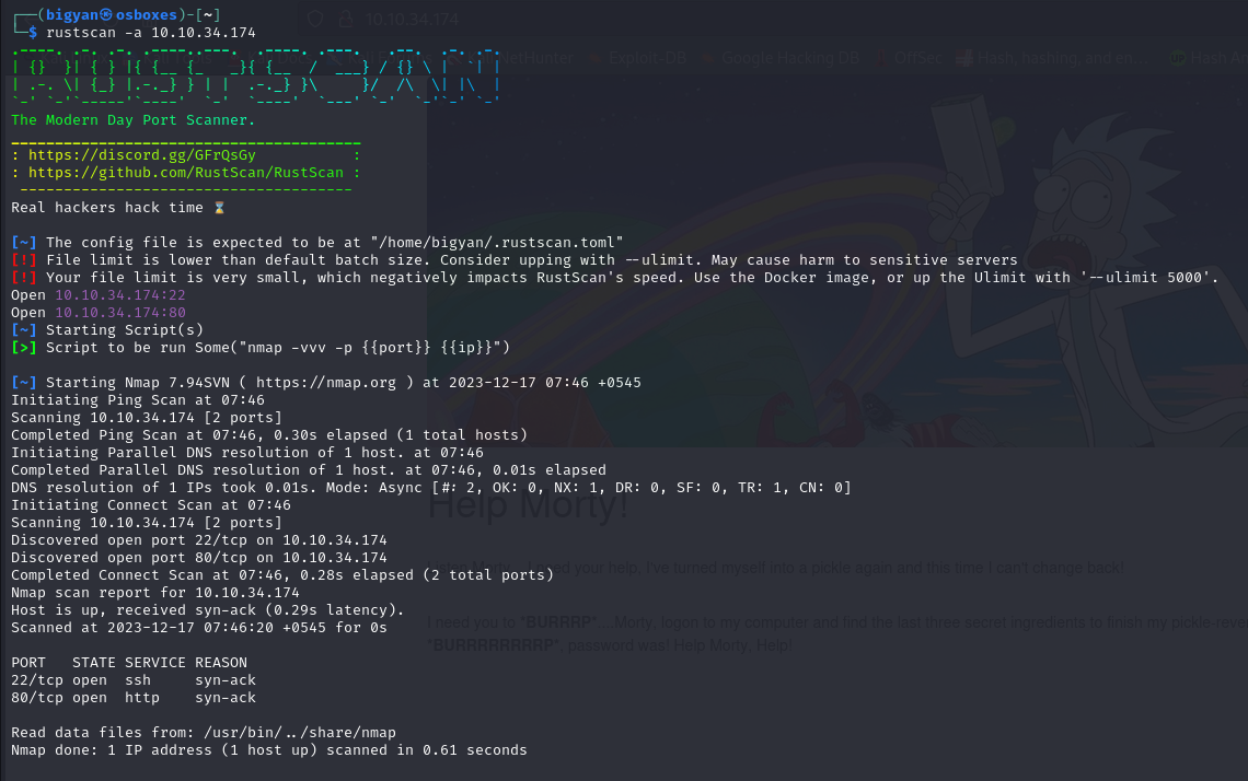 Pickle Rick tryhackme writeup. Scanning the IP using rustscan as it is ...