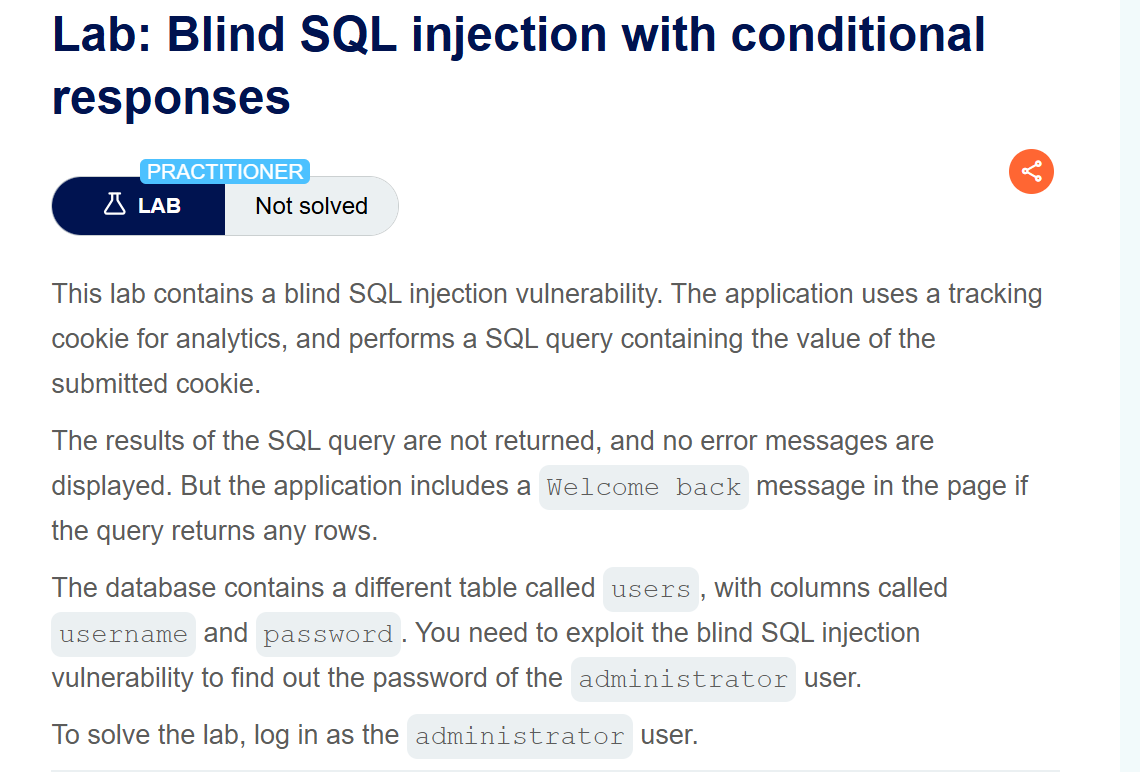 Web Security Lab — Blind SQL Injection with Conditional Responses | PortSwigger Practitioner