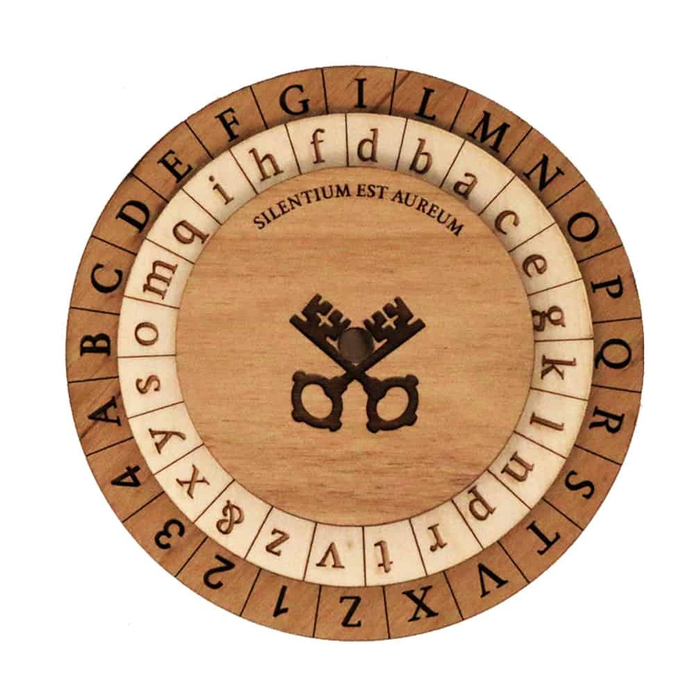 Three concentric wooden disks connected by a pin in their centers. Around the outside of the outer disk is an uppercase classical Latin alphabet (so it doesn’t have the letters J, U, W that we have in English) with the letters H, K, Y removed, and the numbers 1, 2, 3, 4 added. Around the outside of the middle disk is a complete lowercase classical Latin alphabet and an ampersand. The innermost disk is for show: it has a picture of two crossed keys and contains the phrase “Silentium est aureum”.