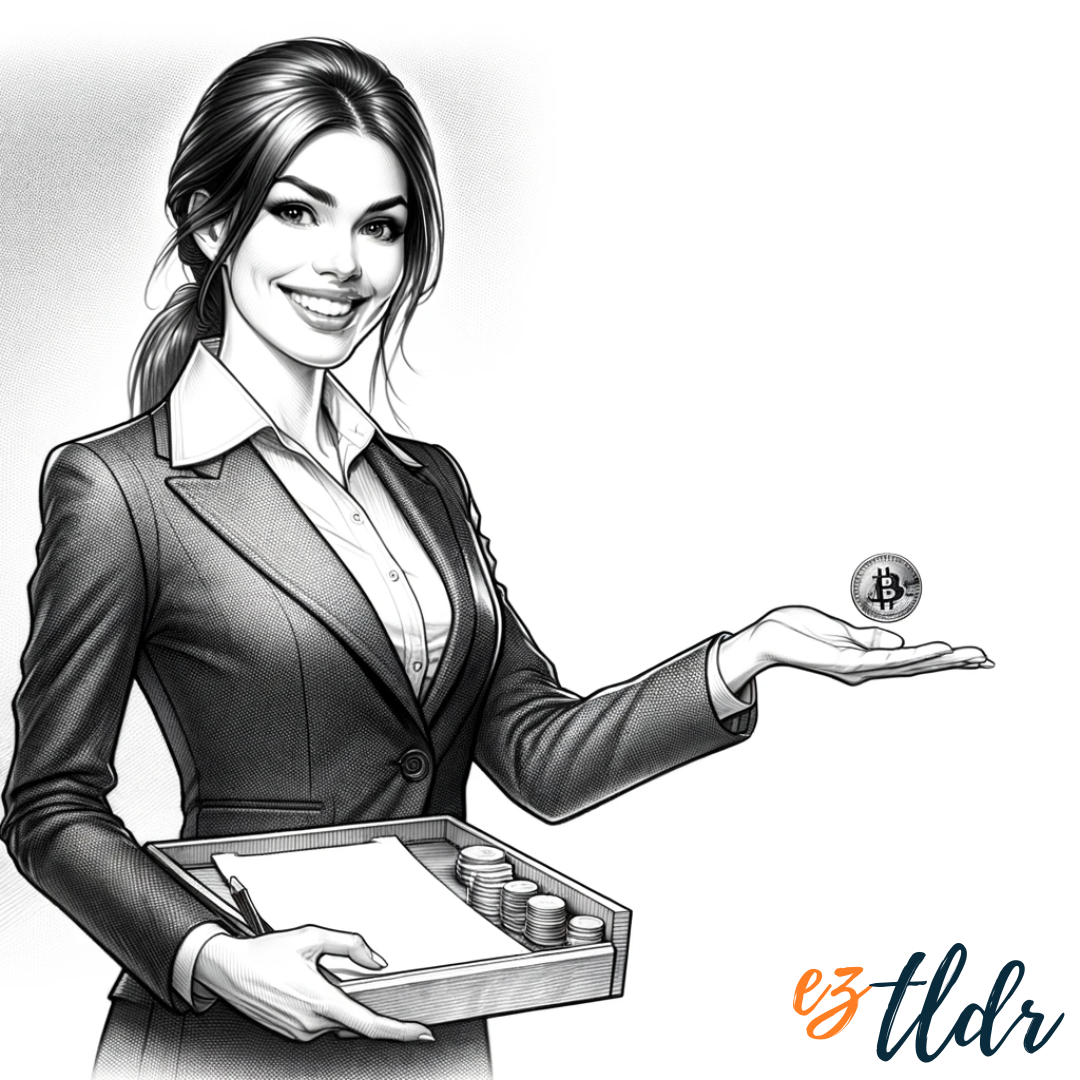 This image features a female tax collector with a smiling expression, her hand outstretched to collect coins from cryptocurrency users.