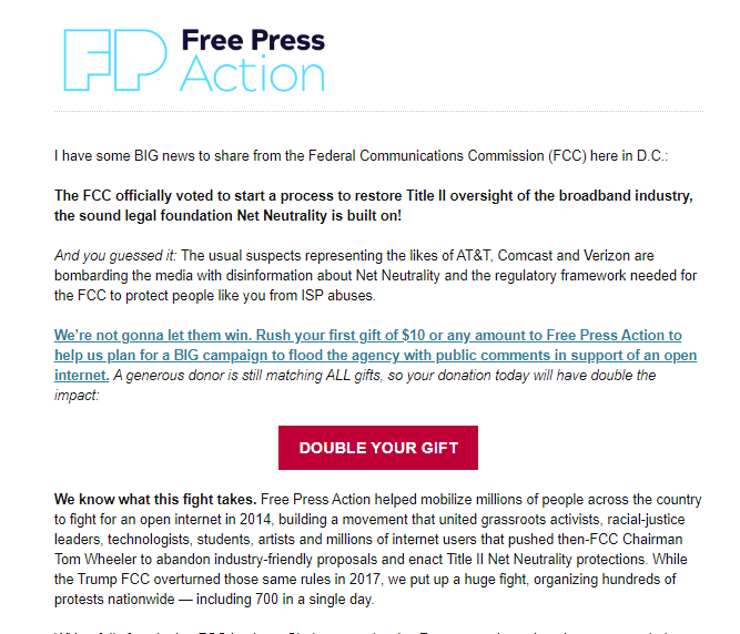 Free Press, Victory Assured at the FCC, Still Raising Money on Net Neutrality Issue