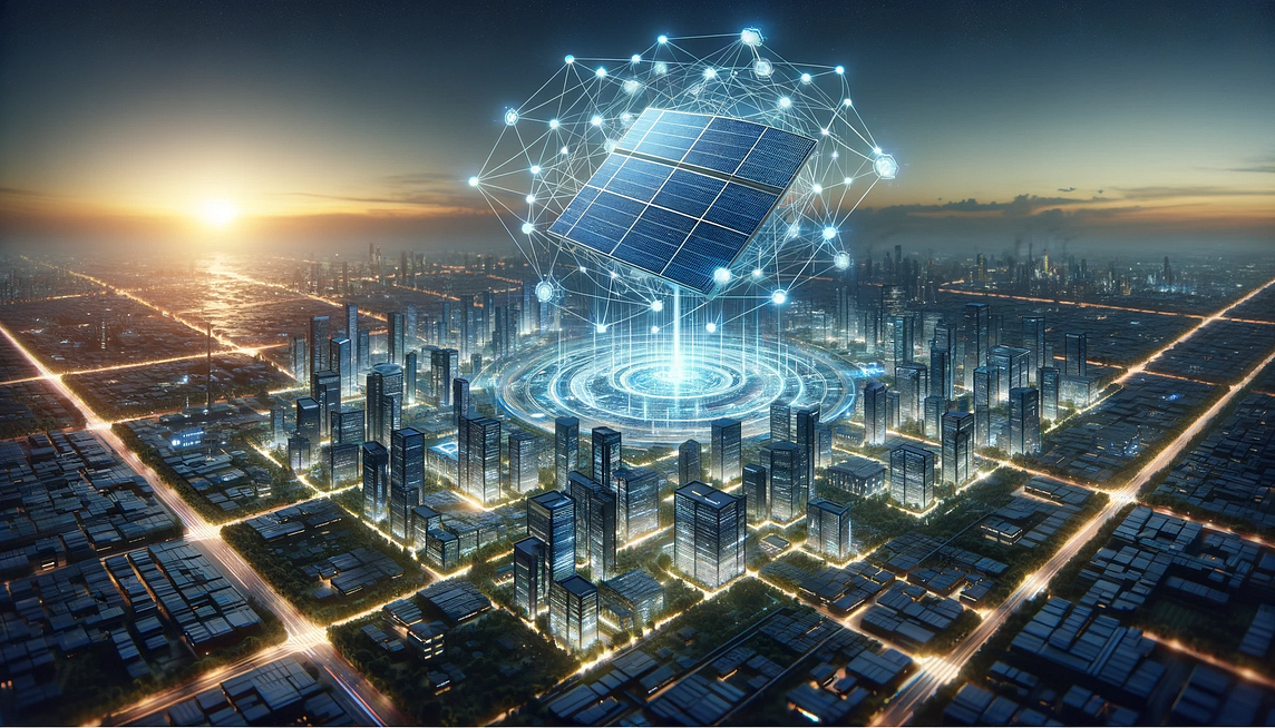 “Generate a widescreen image of a futuristic cityscape during twilight. The city has a vibrant network of buildings with high-tech solar panels on their roofs, all illuminated by the soft glow of the setting sun in the background. Above the city, a large, advanced solar panel floats, connected by glowing energy lines to the infrastructure below. These lines represent a smart grid, indicative of a city powered entirely by renewable energy.“