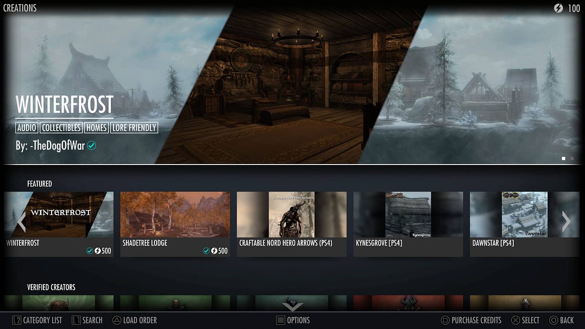 The main page of the new Creations store inside Skyrim.
