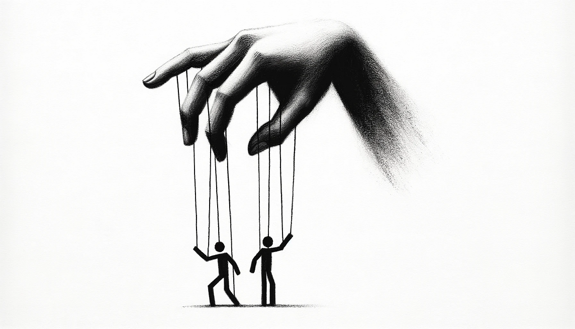 A minimalistic black and white charcoal sketch. The image focuses on the hands of a puppeteer, with strings extending from their fingers. These strings end up controlling stick figures represented as humans. The background is plain and simple, emphasizing the puppeteer’s hands and the strings in a stark, impactful manner, symbolizing manipulation and control with minimal elements.