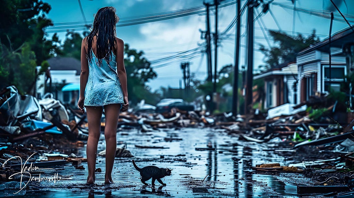 A desolate scene shows a rain-soaked young woman with a tiny kitten amid storm wreckage on a residential street. Debris is scattered around, and damaged homes and broken power lines convey a poignant atmosphere of loss and despair. The image captures a moment of fragile hope as the woman finds solace in the kitten’s presence amidst the chaos.