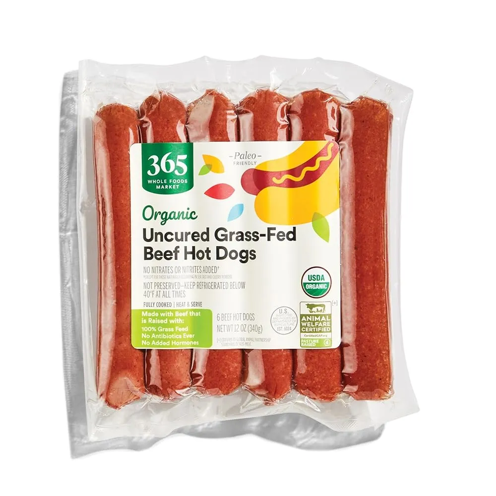 365 by Whole Foods Market, Beef Hot Dog Uncured Grass Fed Organic Step 4, 12 Ounce