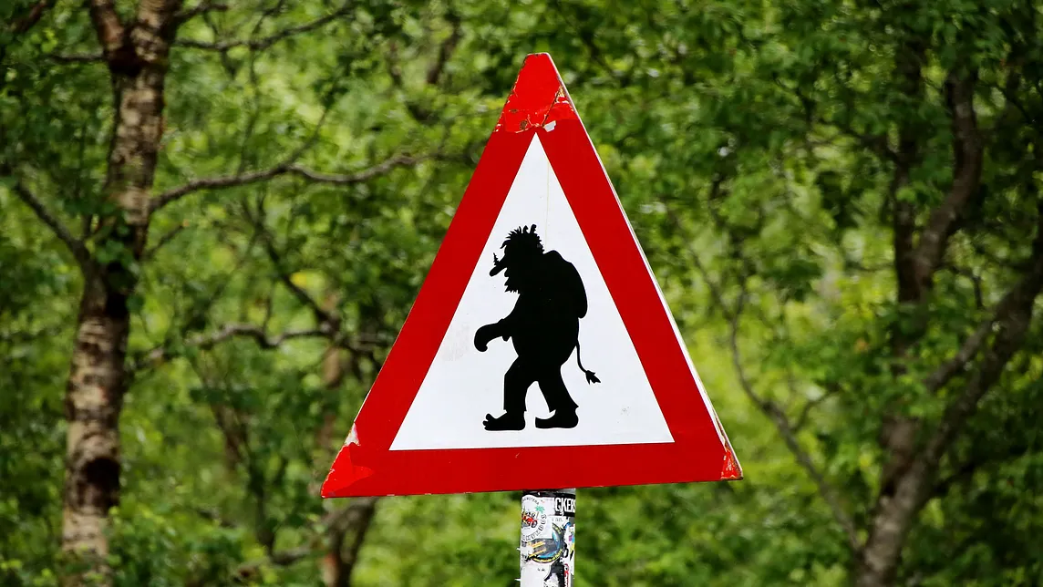 Triangular caution road sign, red-edged, with a black silhouette of a troll on a white background