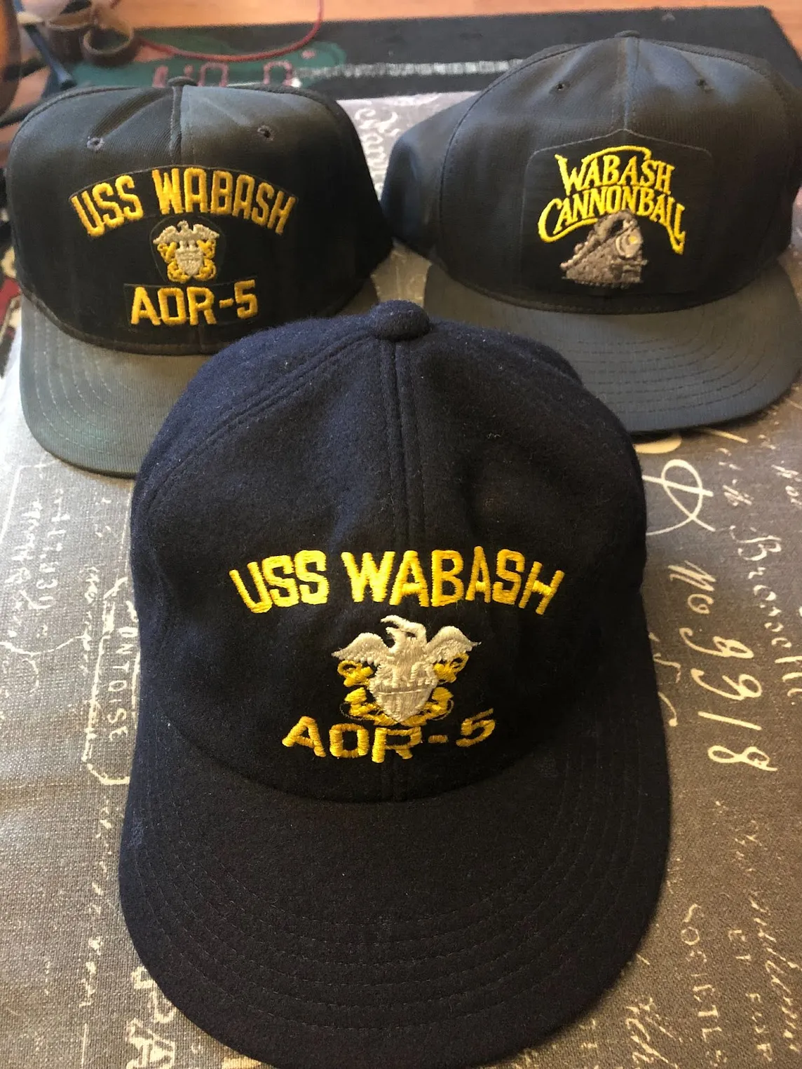 Three USS Wabash (AOR-5) ships ballcaps from my time serving on her. 1983–1986