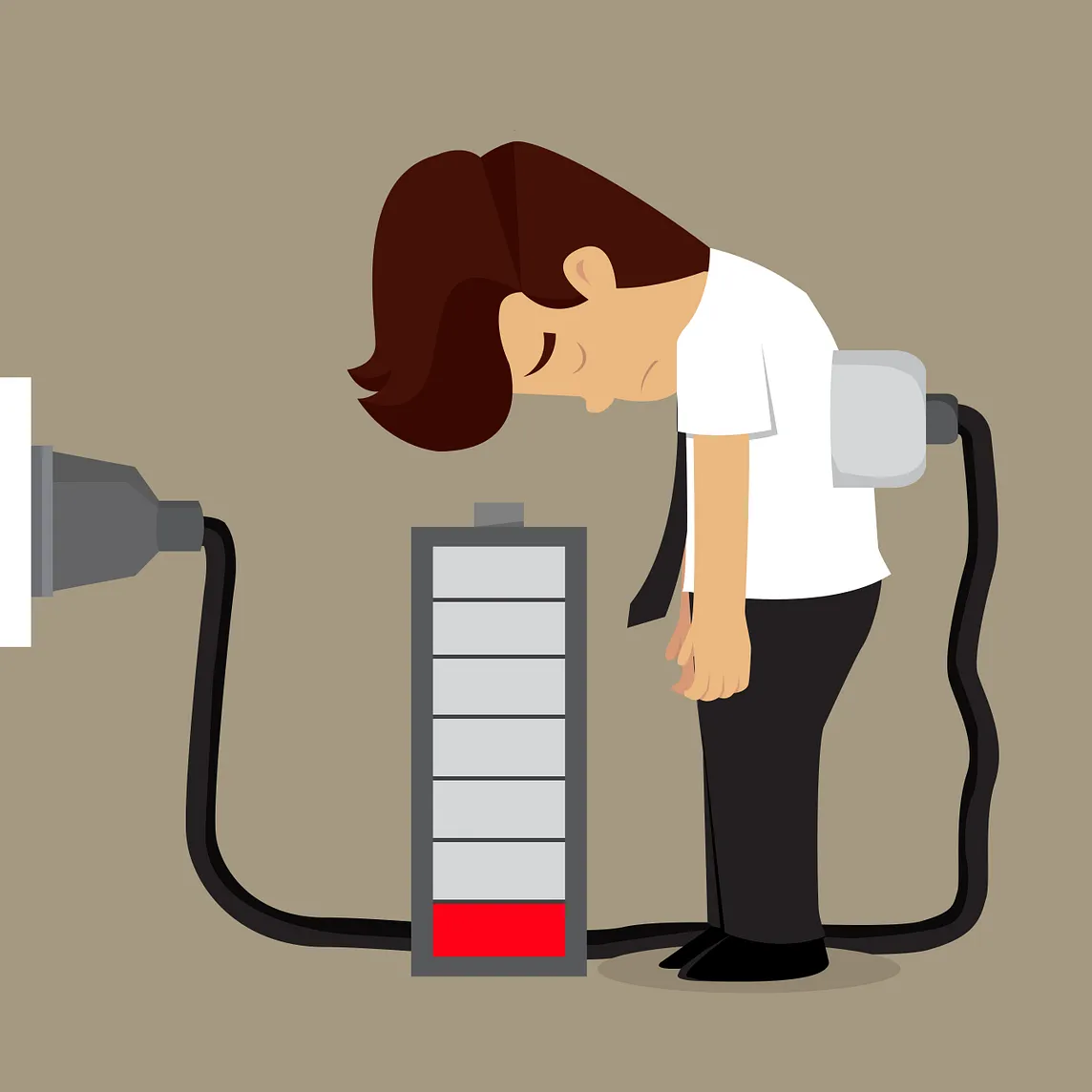 Illustration of man depleted of energy and attached to a charger.