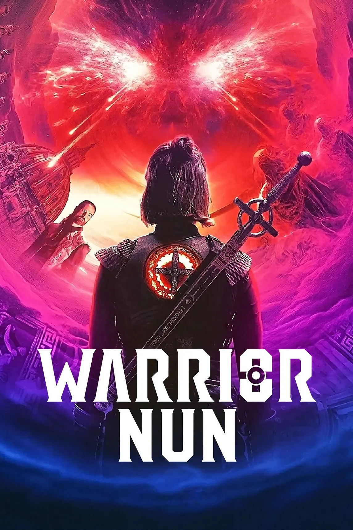 Promo cover for Warrior Nun season two, with Warrior Nun written in large font, all-caps. Ava’s back is to us, a sword across her back, the halo glowing on her back. There is a pink and purple swirl around the image, becoming red towards the center. Adriel stands to the left in the midst of it. On the right is three cloaked figures, their identities indescernible.