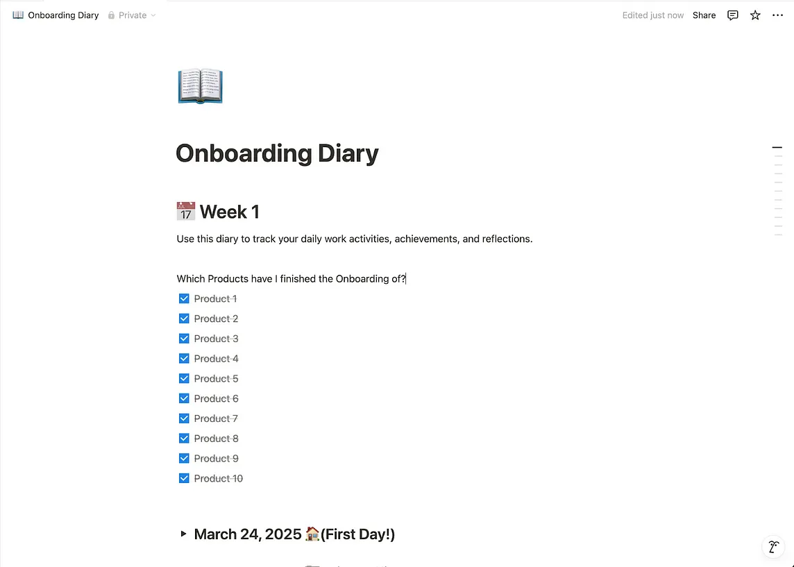 Figure 1: Onboarding Diary Notion Page, Week 1, Products Checklist (2025)