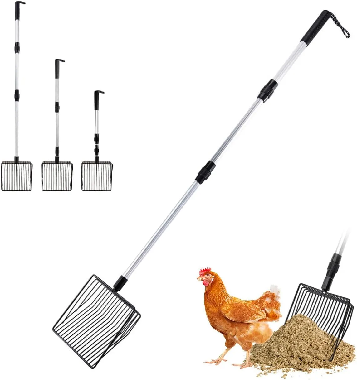 Chicken Coop Accessories Stretchable Metal Chicken Poop Scooper Sifting Poop Shovel Tools for Cleaning (3 in 1)