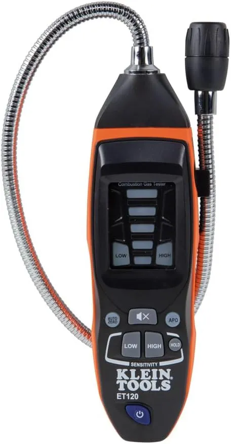 Klein Tools ET120 Gas Leak Detector, Combustible Gas Leak Tester with 18-Inch Gooseneck Has Range 50 - 10,000 ppm, Includes Pouch, Batteries