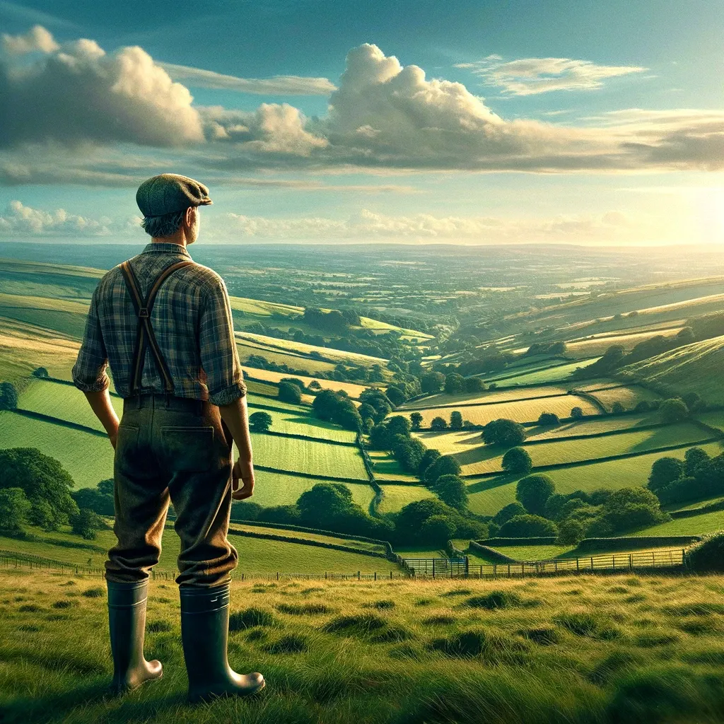 Generated image of a farmer looking upon his notion of a beautiful English country