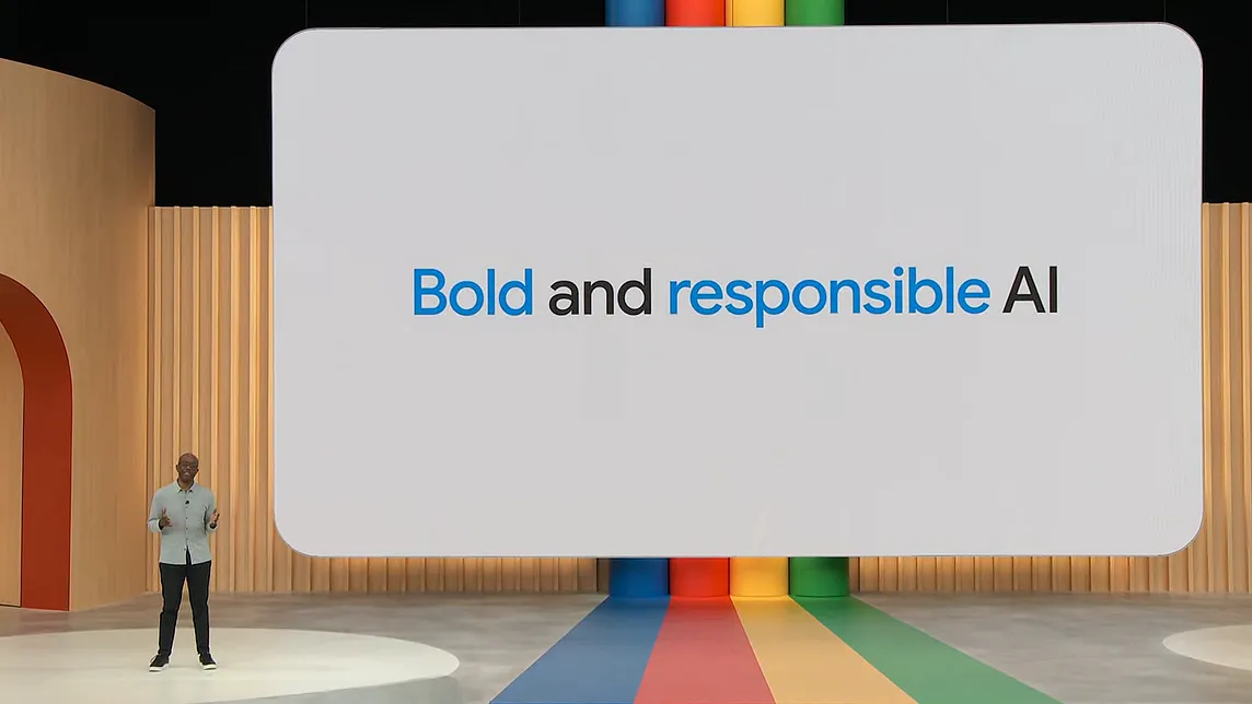 A photo from Google’s I/O conference showing a screen reading “bold and responsible AI.”