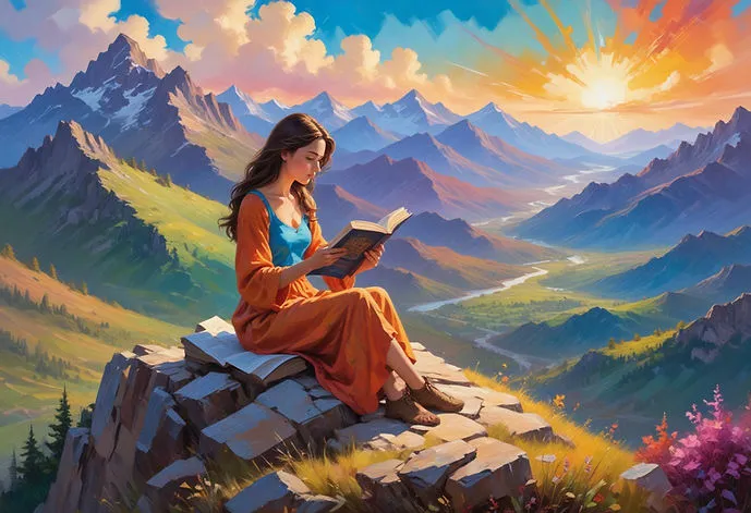 A woman reads a book atop a mountain, looking down into a sun-painted valley.