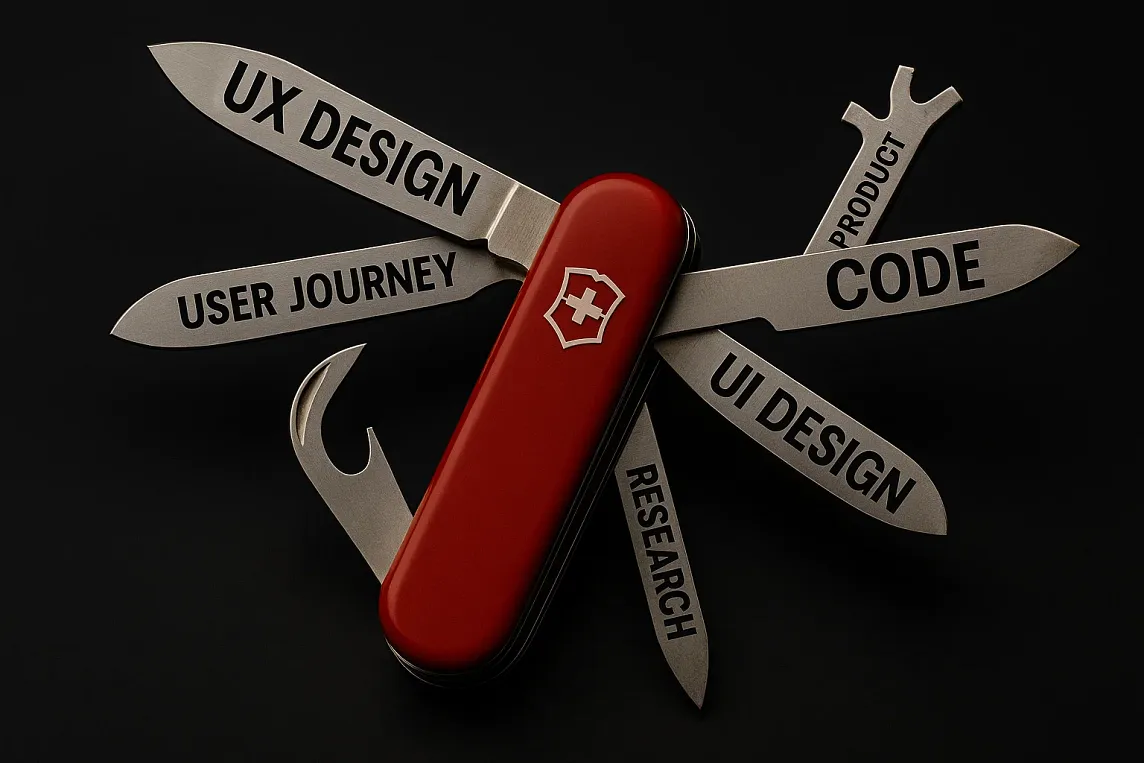 A swiss army knife with design terms like ‘ux design’, ‘code’, and ‘research’ written on the different blades.