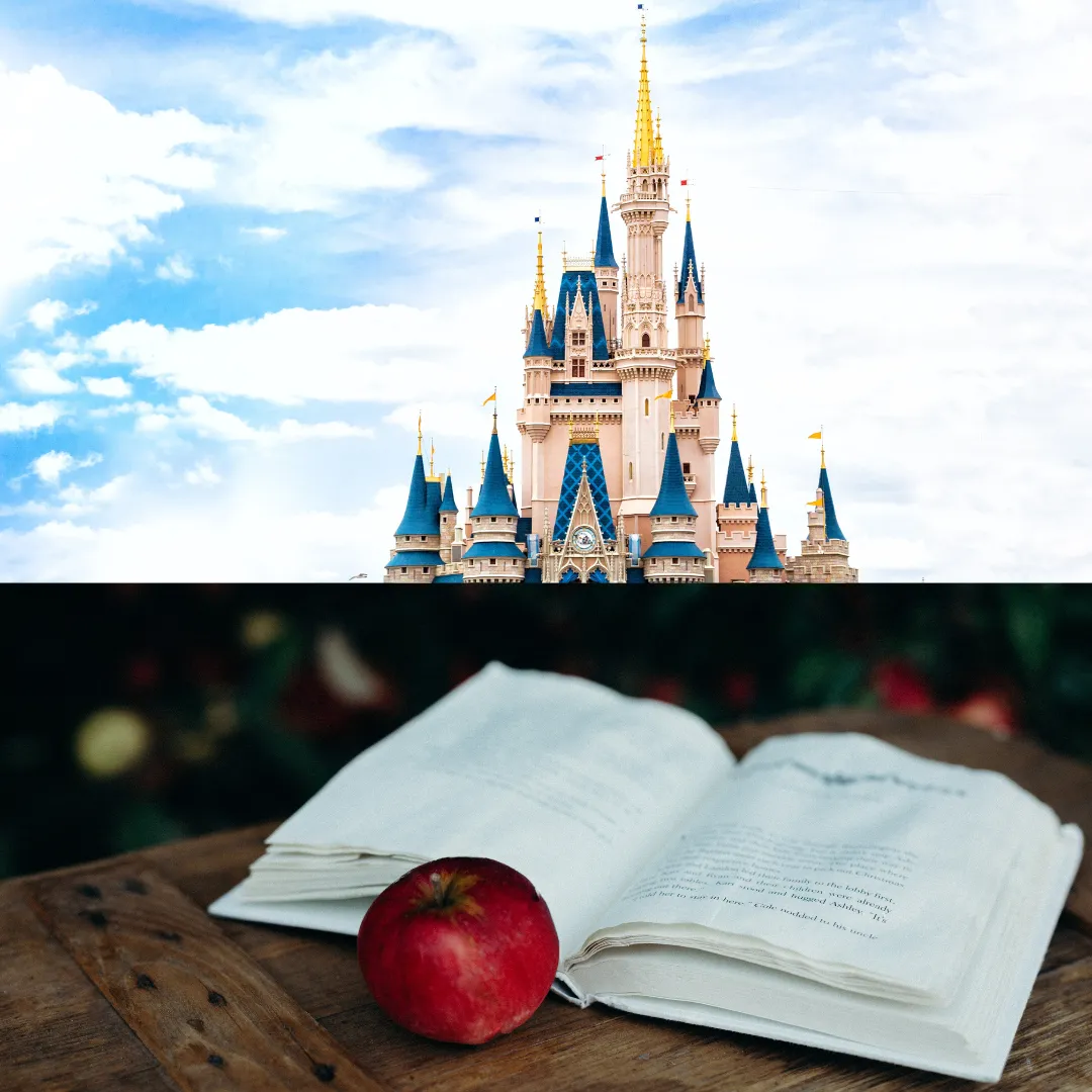 Top photo: The upper half of a Disney-esque princess castle against a blue and cloudy sky. Bottom photo: A worn-looking open book sits on a table with a dark red apple next to it.